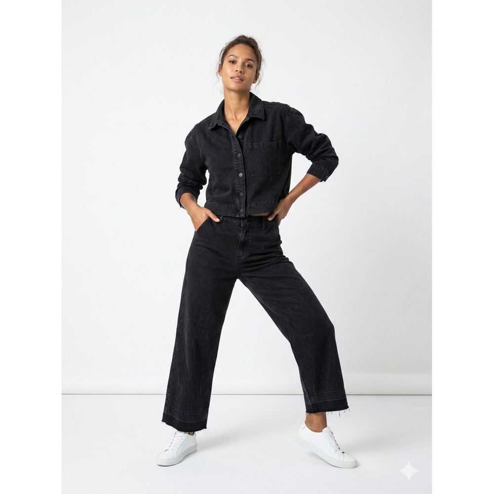 Bella Dahl Tencel Denim Set‎ Cropped Jacket Wide Leg Pants Black Size S